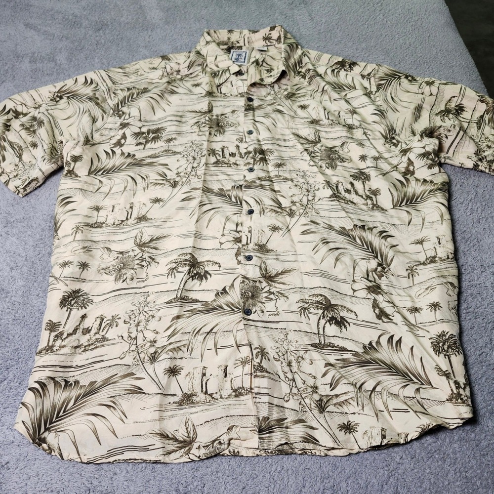 Roundtree & Yorke Mens XXL Button Down Shirt Beige Silk Tropical Scenic Print